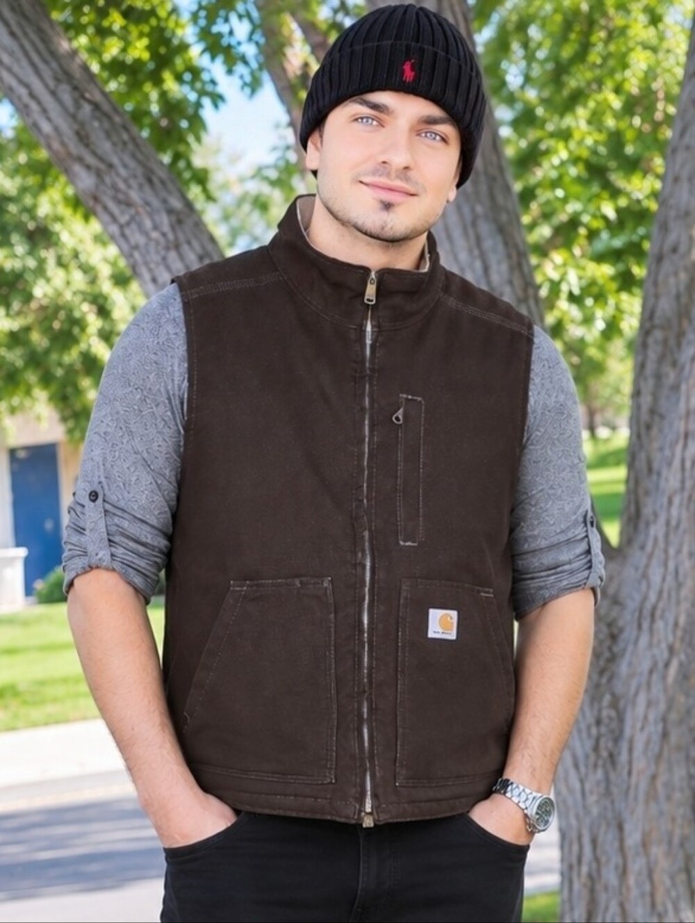 Carhartt Men's Washed Duck Mock-Neck Vest, Dark Brown, X-Large